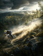 Naklejka premium Mountain biker descends a rocky trail, dust clouds billowing behind, dramatic landscape