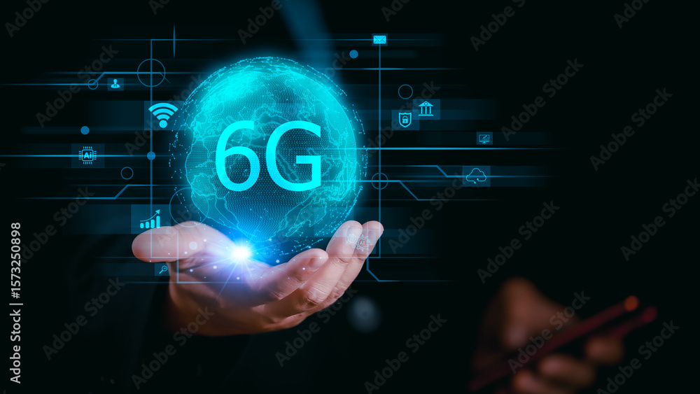 Poster businessman holding global network connection on 6g technology and futuristic advancement, uture tec
