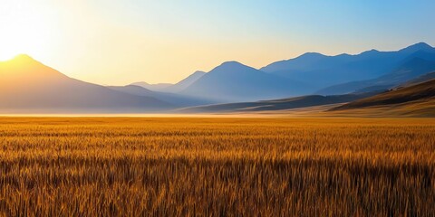 Golden light falling over wheat and misty blue mountain ranges at dusk