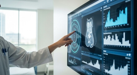 Doctor pointing at large screen displaying medical data and scan results in a modern office setting