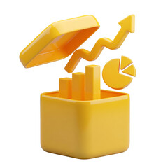 3D data analysis icon with charts and graphs in an open box. Isolated on transparent background, png.
