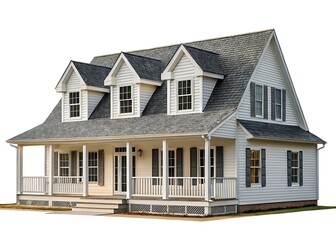 A charming white house with a gray roof and inviting front porch, isolated on white background, showcasing classic american suburban architecture