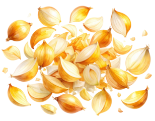 Watercolor Illustration of Chopped Yellow Onion with Skin Fragments – Transparent PNG