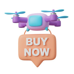 3D drone delivering a BUY NOW call to action sign for e-commerce. Isolated on transparent background, png