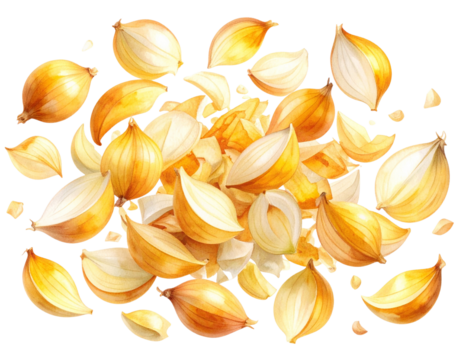 Watercolor Illustration of Chopped Yellow Onion with Skin Fragments – Transparent PNG