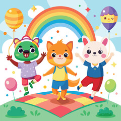Obraz premium Joyful Animal Kids Jumping Jacks Rainbow Fun Illustration