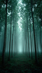 Naklejka premium Dense woodland in morning fog creates serene and mysterious atmosphere, inviting exploration and reflection