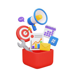 3D render of a digital marketing toolbox with business strategy and SEO icons. Isolated on transparent background, png