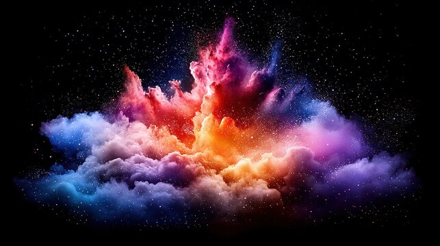   An image of a vibrant cloud against a starry night sky on a black backdrop provides space for text insertion