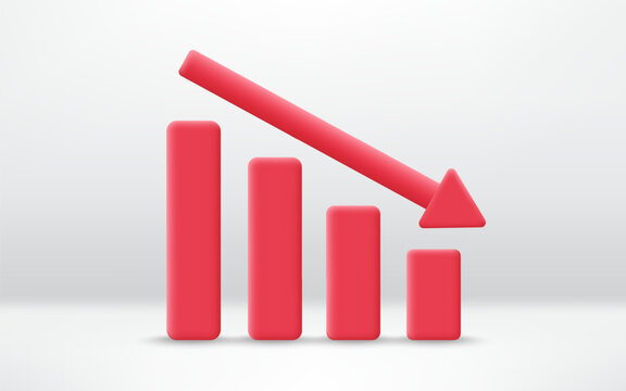 3D graph with red arrow going down stock icon. Financial decrease down arrow, economy down graph. Falling concept of loss market. Minimalist cartoon icon.Trendy and modern vector in 3d style.