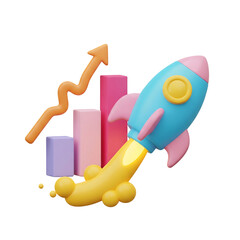 Business startup growth concept with a 3D rocket launching past a bar chart. Isolated on transparent background, png.