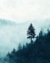 Forest scene with a dense fog or mist creating a serene and mysterious atmosphere. A lone, tall evergreen tree standing prominently against the misty background, copy space, 8x10 