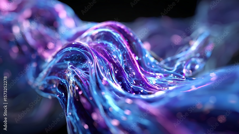 Poster floating light-infused blue and purple ai algorithms swirling around robotic researchers at work