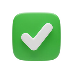 Green check mark 3D icon. Symbol for success, approval, yes, or correct vote. Isolated on transparent background, png