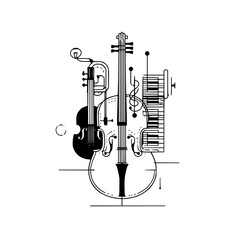 Fototapeta premium Illustration of a cello with a trumpet, violin, and piano keys in black and white outline style