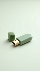 Fototapeta premium Elegant Sage Green USB Flash Drive with Jade Storage Case; Minimalist Tech Stock Photo
