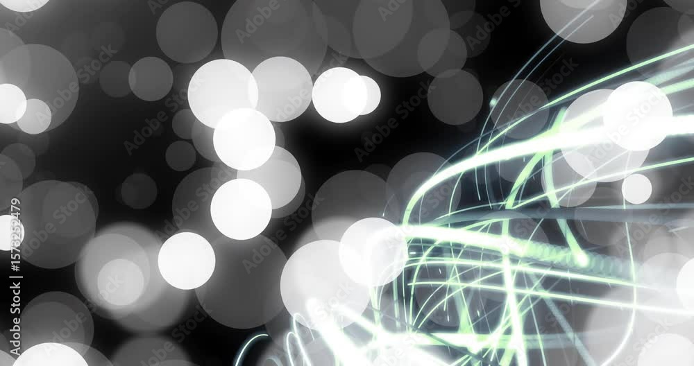Poster green blue light trails emerging right edge twisting into lattice animating sphere then dissolving