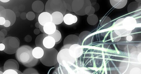 Green blue light trails emerging right edge twisting into lattice animating sphere then dissolving - Powered by Adobe