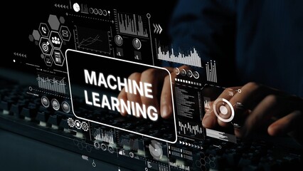 Futuristic Technology Concept with Machine Learning Text and Hands Typing on Keyboard Surrounded by...