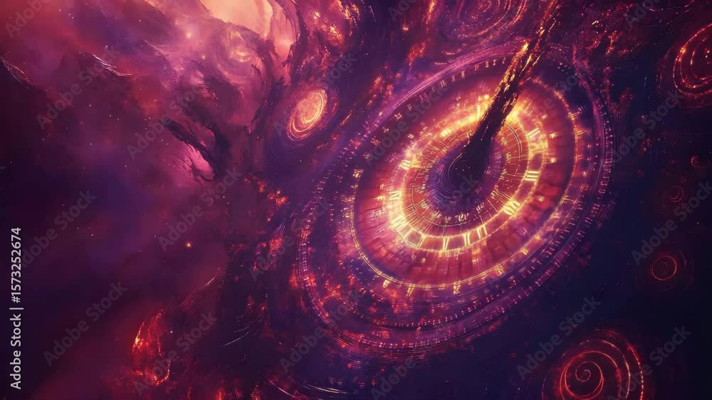 Poster a futuristic space station surrounded by a massive spiral vortex and an intricate clock design