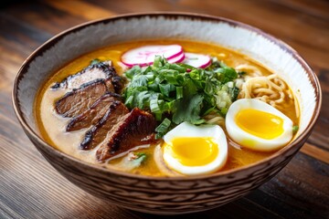 Bowl of ramen with soft boiled egg.
