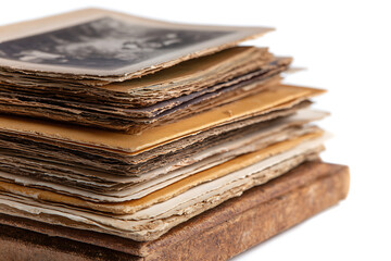 A Stack of Aged Vintage Photographs and Papers Resting on a Brown Leather Bound Book Showing Signs of Time and Wear