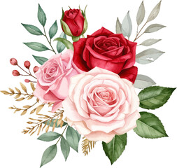 Fototapeta premium Pink roses and foliage composition. Wedding flowers in watercolor style. Soft romantic floral arrangement. Botanical bouquet with red roses. Pastel rose bouquet for invitations