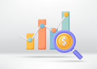 3D Diagram with dollar coin and Magnifying glass. Analysis exchange rate, currency rising and falling. Business, investment concept. Minimalist cartoon icon. Trendy and modern vector in 3D style.