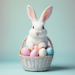 White Easter bunny in a basket filled with pastel eggs on a light teal background