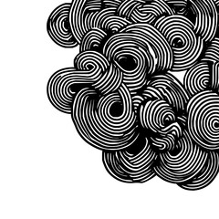 Abstract black and white illustration featuring a dense cluster of concentric swirls and curves design with lines