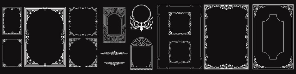 White line vintage frame set, vintage decoration, black and white vintage elements