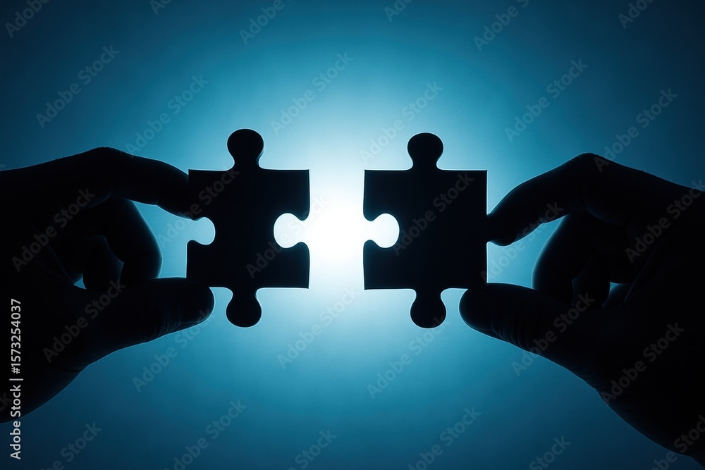 Poster connecting puzzle pieces: silhouette of hands holding puzzle pieces, ready to connect and complete t