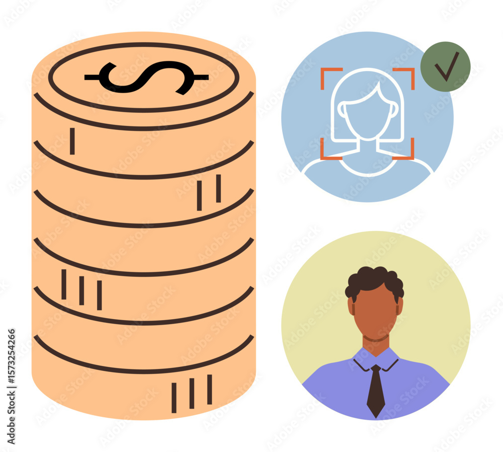 Aufkleber stack of dollar coins alongside user profile verification with facial recognition and success checkm