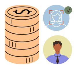 Stack of dollar coins alongside user profile verification with facial recognition and success checkmark. Ideal for security, authentication, finance, technology, identification, privacy, payments