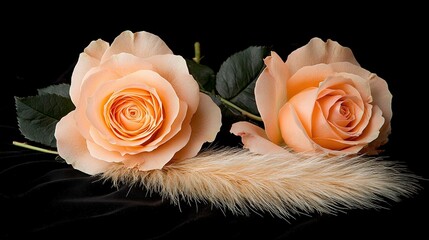   Two roses and a feather on black backgrounds, one white feather in foreground