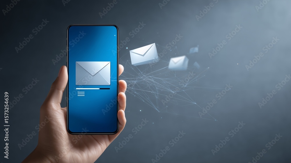Poster human hand holding modern smartphone displaying digital email icon with abstract network connecting 