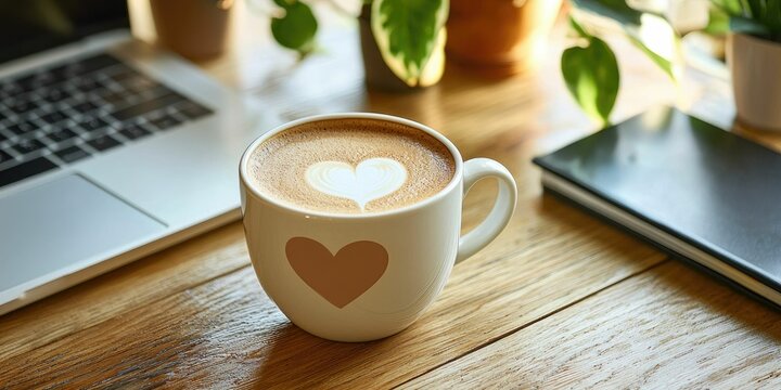 Latte in white ceramic mug with heart art on decluttered workspace with soft tones