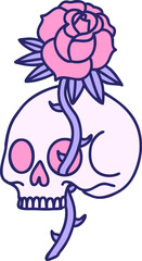 iconic tattoo style image of a skull and rose in bright neon color