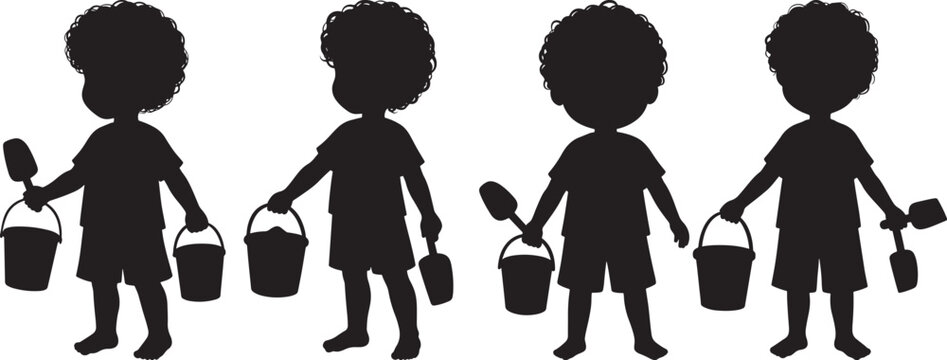 Little Boy Holding Bucket And Scoop Cartoon silhouette