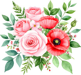 Watercolor bouquet of rose and poppy. Pink roses and red poppies artwork. Hand-painted floral bouquet clipart. Romantic poppy and rose composition. Wedding bouquet with watercolor roses