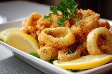 Fried calamari with lemon wedges.