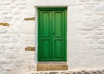 A charming green door is nestled within a white stone wall, creating a picturesque scene that evokes the timeless beauty of a european village and invites passersby to step inside