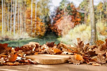 Still life composition on rustic wooden table, set against the backdrop of an autumn forest. Fallen leaves, earthy colors, natural textures, cozy seasonal sustainability and nature-inspired lifestyles
