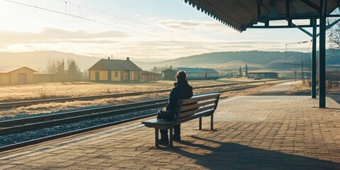 Lonely traveler sitting on a bench at a rural station