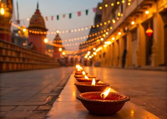 A line of diyas illuminates a street during diwali, casting a warm, inviting glow on the buildings and creating a festive atmosphere of celebration and spiritual reflection in india