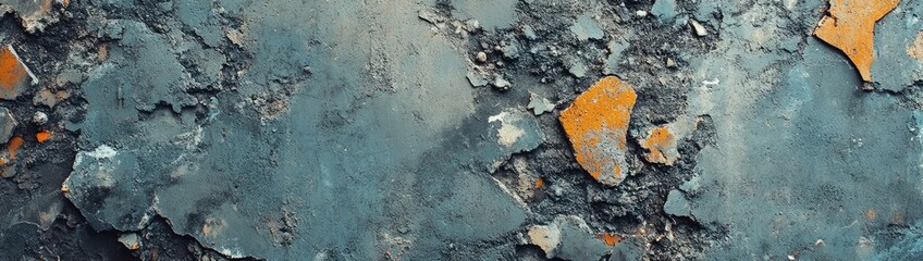Weathered, fragmented surface with muted blue and orange tones