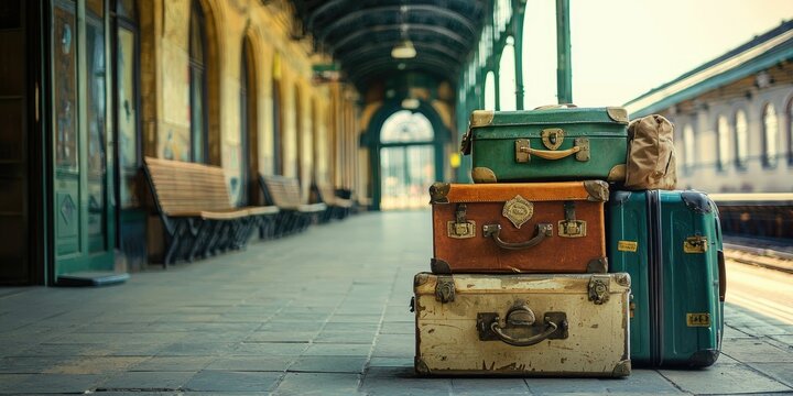 Luggage piled high beside a traveler at a historical station