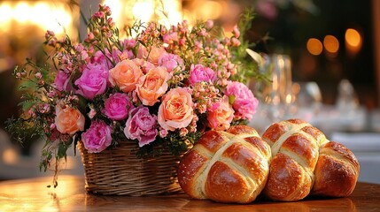   A basket brimming with breadloaves, adjacent to one brimming with roses, and another with croissants