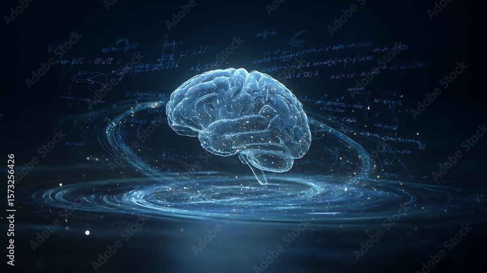 Poster hologram of a human brain surrounded by a swirling ocean of glowing data streams and equations