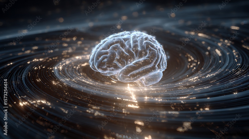 Poster hologram of a human brain surrounded by a swirling ocean of glowing data streams and equations